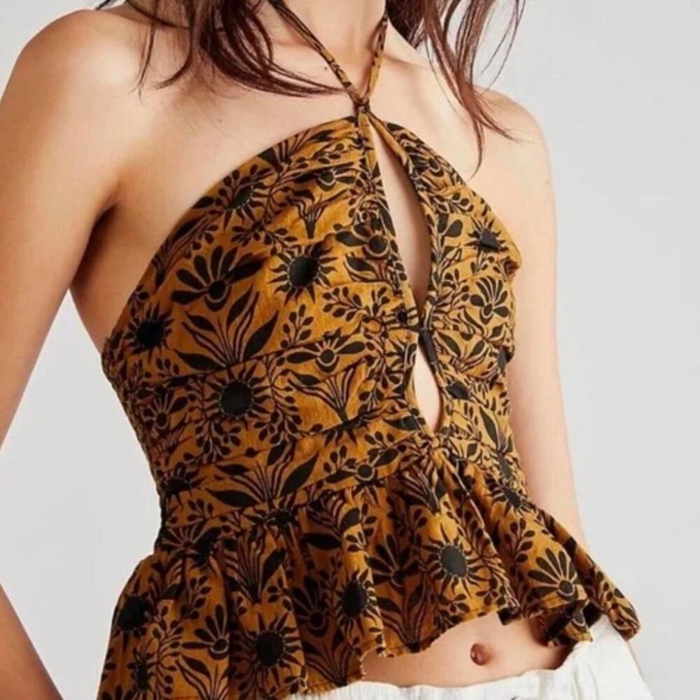 Free People Black and Brown Smocked-Back Halter Top- Size S